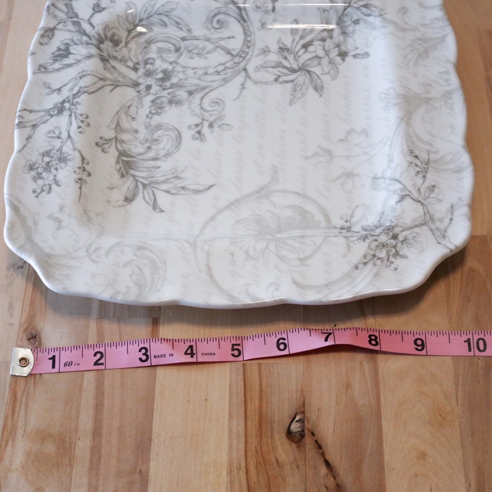 222 Fifth “Love Poem” Fine China Square Plate – 10” Gray Floral Scroll Design - Picture 7 of 8